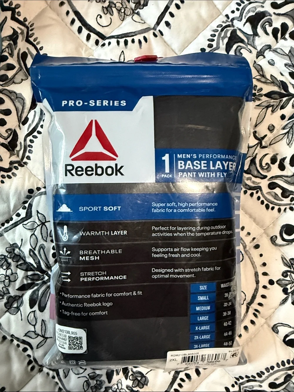 Reebok Black Base Layer Pants in Blue-Branded Packaging